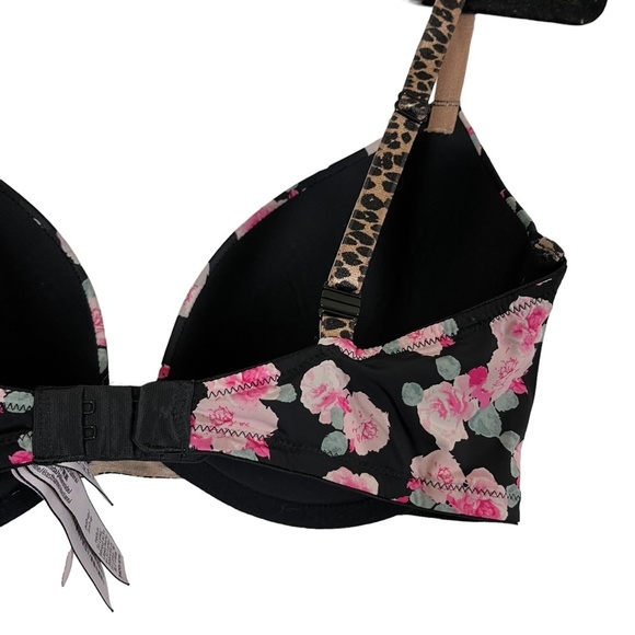 VICTORIA'S SECRET PUSH UP Black Pink Floral Leopard Print Underwire Bra 34DD - Picture 4 of 16